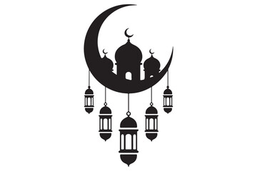 Mosque and crescent moon silhouette on white background
