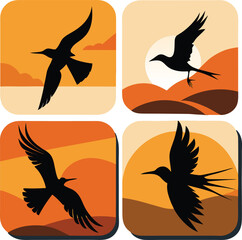 Four silhouette birds in flight against sunset landscapes
