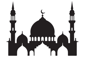 Mosque and crescent moon silhouette on white background
