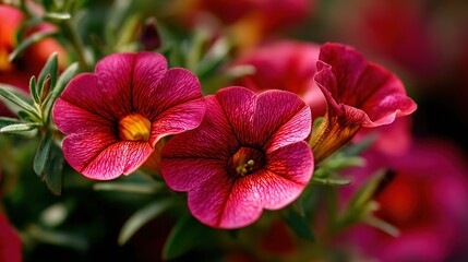 Fototapeta premium Vibrant red Calibrachoa blooms in focus, soft green backdrop. Nature's delicate beauty in a single frame.