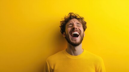 A man joyfully laughing in front of a vibrant yellow backdrop, encapsulating pure happiness and positivity, highlighted by the bright color symbolizing cheerfulness and joy.