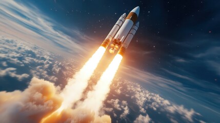 A powerful rocket ascending into the sky, leaving trails of fire, symbolizing human innovation and the pursuit of space exploration against the stunning backdrop of stars.
