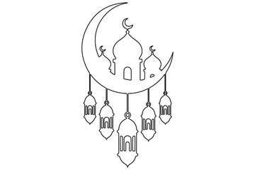 Crescent moon and mosque one line drawing minimalist vector illustration

