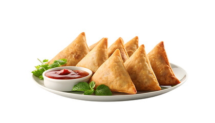 Golden crispy samosas with tomato chutney and fresh herbs served on white plate