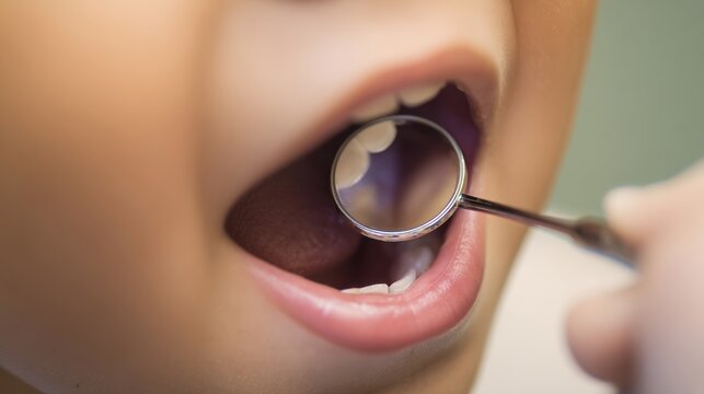 A close-up view of a child's mouth reveals a primary tooth being inspected with a dental mirror. This careful examination ensures the child's dental health and growth