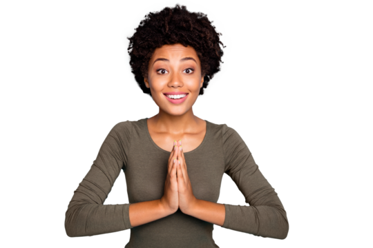 Photo of cheerful cute fascinating attractive childish youngster pleading for you to forgive her and purchase desirable isolated over blue vivid color background