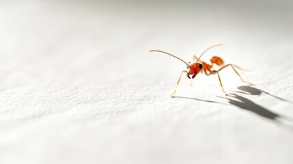 Close-up of a small, red ant on a white surface.