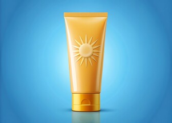  Sunscreen tube with sun symbol for skin protection against uv rays isolated on blue background, perfect for summer vacation and beach travel