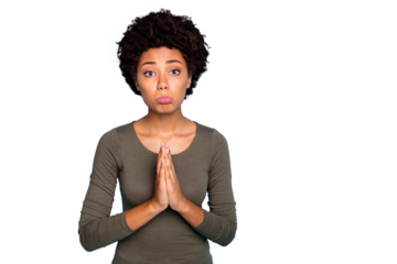 Portrait of negative upset girl hold hands pray want good mark for exam hope pass exam wear style stylish trendy green sweater isolated over blue color background