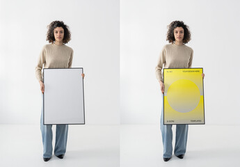 Mockup Of Woman Holding Customizable Print