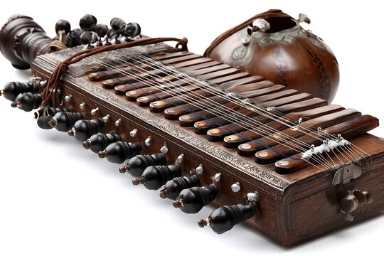 a bulbul tarang with metallic keys mid-press, strings humming with energy, highlighted under soft studio lighting on a pure