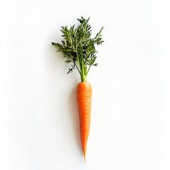 Single carrot with fresh green leaves.