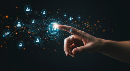 A finger touches a glowing ai button surrounded by user icons and digital connections on a dark background