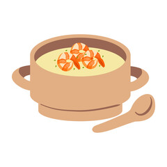 Delicious shrimp soup in a cute bowl with a spoon, perfect for food, comfort, and healthy meal themes.