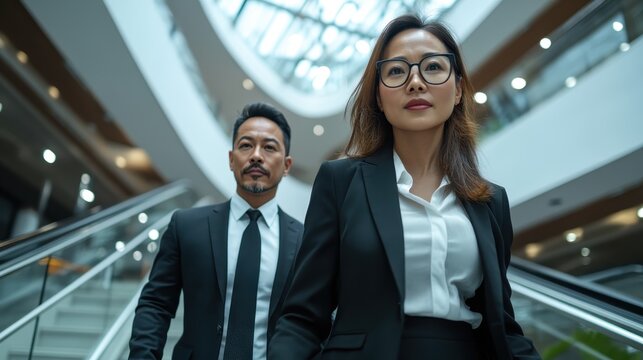 A stylish image of two business professionals confidently walking through a modern office space, embodying professionalism, ambition, and a collaborative work environment.