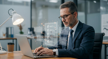 Man in suit working on laptop with digital checklist and data visualizations in office environment