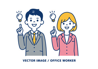 いいアイデアがひらめいた、ビジネスマンのシンプルなベクターイラスト素材＿男女セット