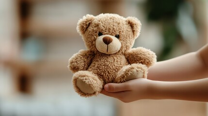 A soft and lovable teddy bear held gently in the hands of a child, representing innocence, love, and the comfort of childhood memories.