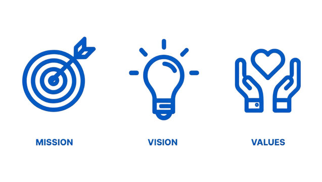 Blue icons representing mission vision and values emphasizing core principles on a black background