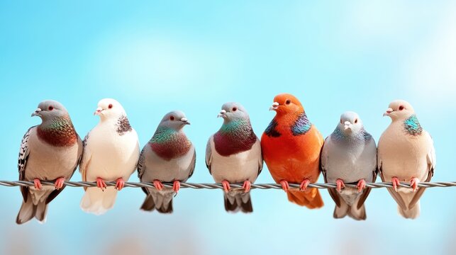 A vibrant collection of pigeons displaying various hues, gathered on a wire against a clear blue sky, celebrating the beauty of diversity in nature and avian life. - Powered by Adobe