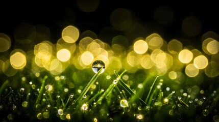 Obraz premium Dewdrop on Grass Macro Photography Golden Bokeh Background