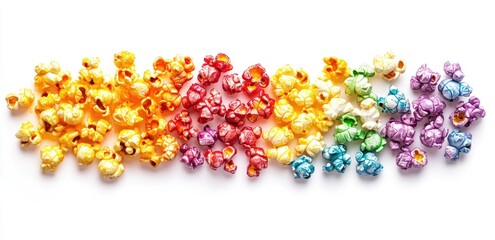 Rainbow popcorn scattered across a white background