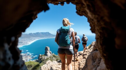 Naklejka premium A group of friends hiking towards a stunning seaside view, capturing the spirit of adventure, friendship, and exploration in a breathtaking natural landscape.
