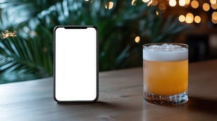 This intriguing composition features a smartphone beside a refreshing cocktail on a wooden table, capturing the essence of modern living and social experiences in a stylish environment.