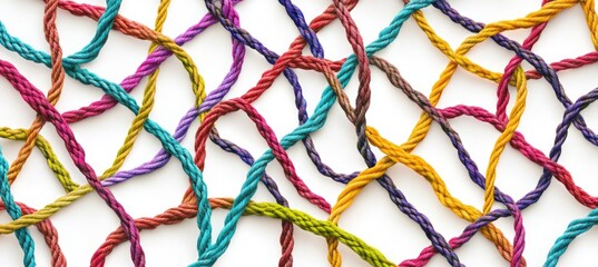 Colorful interwoven ropes create a vibrant, complex network against a white background.  Intricate, colorful threads forming a dense pattern