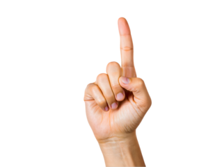 Human hand gesturing one upward against a solid black background representing the number one