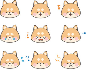 茶色の柴犬の顔アイコンセット　線あり