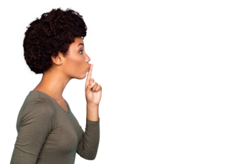 Photo of stylish trendy strict confident black woman showing empty space to stop conversation not break silence isolated over blue vibrant color background