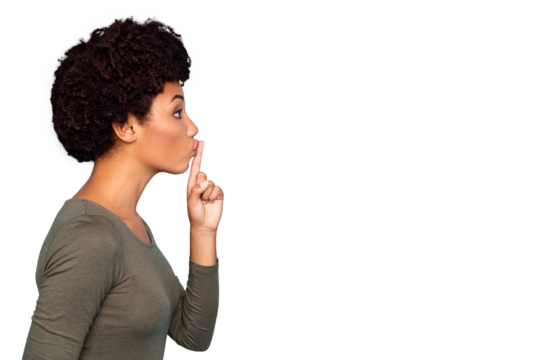 Photo of stylish trendy strict confident black woman showing empty space to stop conversation not break silence isolated over blue vibrant color background