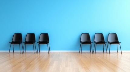A striking image showcasing a set of black chairs aligned against a vibrant blue wall, emphasizing minimalism and clarity in design that evokes a sense of calm.