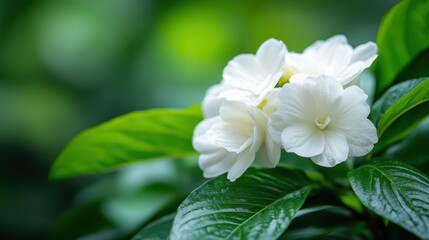 Fototapeta premium A close-up of beautiful white flowers emerging from lush green leaves, symbolizing purity and freshness in a serene natural context, ideal for botanical themes.