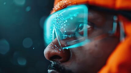A close-up shot of a worker wearing protective gear, focused intently, emphasizing safety and dedication in challenging work environments, with droplets on their goggles adding drama.
