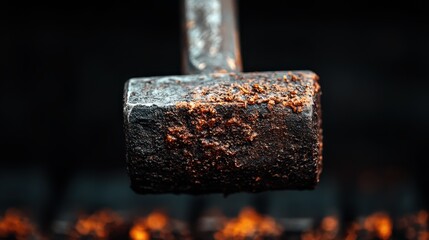 A striking close-up of a heavy forging hammer hovering above glowing coals in a blacksmith's workshop, epitomizing the intense labor and artistry of metalworking.