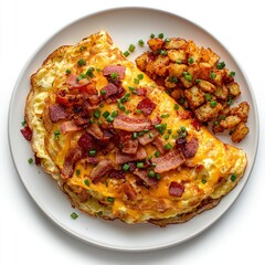 Fluffy omelette stuffed with cheese, bacon, and chives, served with a side of hash browns, isolated at white background