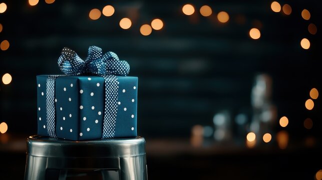 A beautifully wrapped blue gift box adorned with polka dots and a ribbon adds a festive touch, perfect for celebrations and special occasions that convey thoughtfulness and joy.