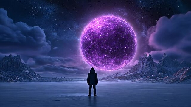 Solitary Figure Before a Cosmic Orb: A Sci-Fi Landscape