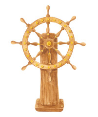 Obraz premium Wooden ship's wheel in vintage style. Watercolour isolated illustration. Brown steering wheel with golden elements in cartoon naive style hand drawn clipart.
