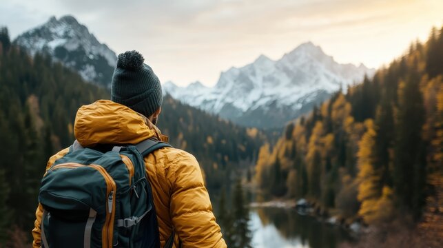 A solitary hiker stands in awe of towering mountains at dawn, surrounded by nature, capturing the essence of adventure, exploration, and the beauty of the great outdoors.
