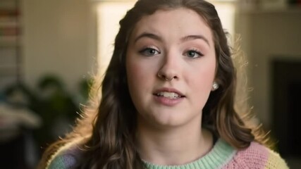 teenage girl 18 years old talking looking in camera, online meeting, internet video call chat conference. Attractive teenager female blogger vlogger recording video in home