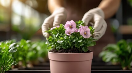A dedicated gardener carefully plants vibrant pink flowers in a pot, embodying the nurturing spirit and connection to nature while promoting growth and beauty in the surrounding environment.