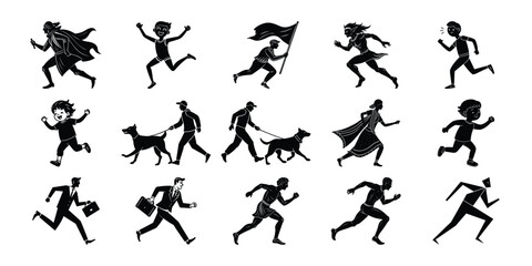 Collection of Running People Dogs and Individuals in Black silhouette vector bundles.