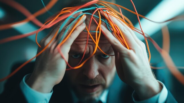A stressed businessman clutches his head in frustration as colorful wires spiral around him, symbolizing the chaotic pressures of modern work life and mental strain.