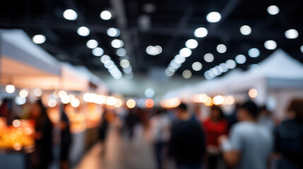 Blurry indoor market scene with bright lights and people browsing stalls, creating lively atmosphere filled with activity and energy. image captures vibrant environment of busy marketplace