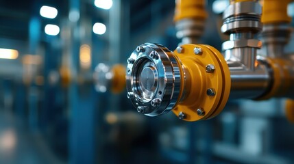 Obraz premium This image showcases a close-up shot of a shiny metallic pipe connection featuring bright yellow accents, highlighting industrial design and engineering intricacies.