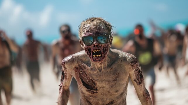 A gruesome zombie wearing sunglasses emerges from a group on a sunny beach, creating a striking and unsettling contrast between horror and a vibrant summer scene.