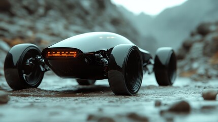 This image features a sleek, futuristic car design against a rocky landscape, showcasing innovative automotive engineering in a captivating natural environment.